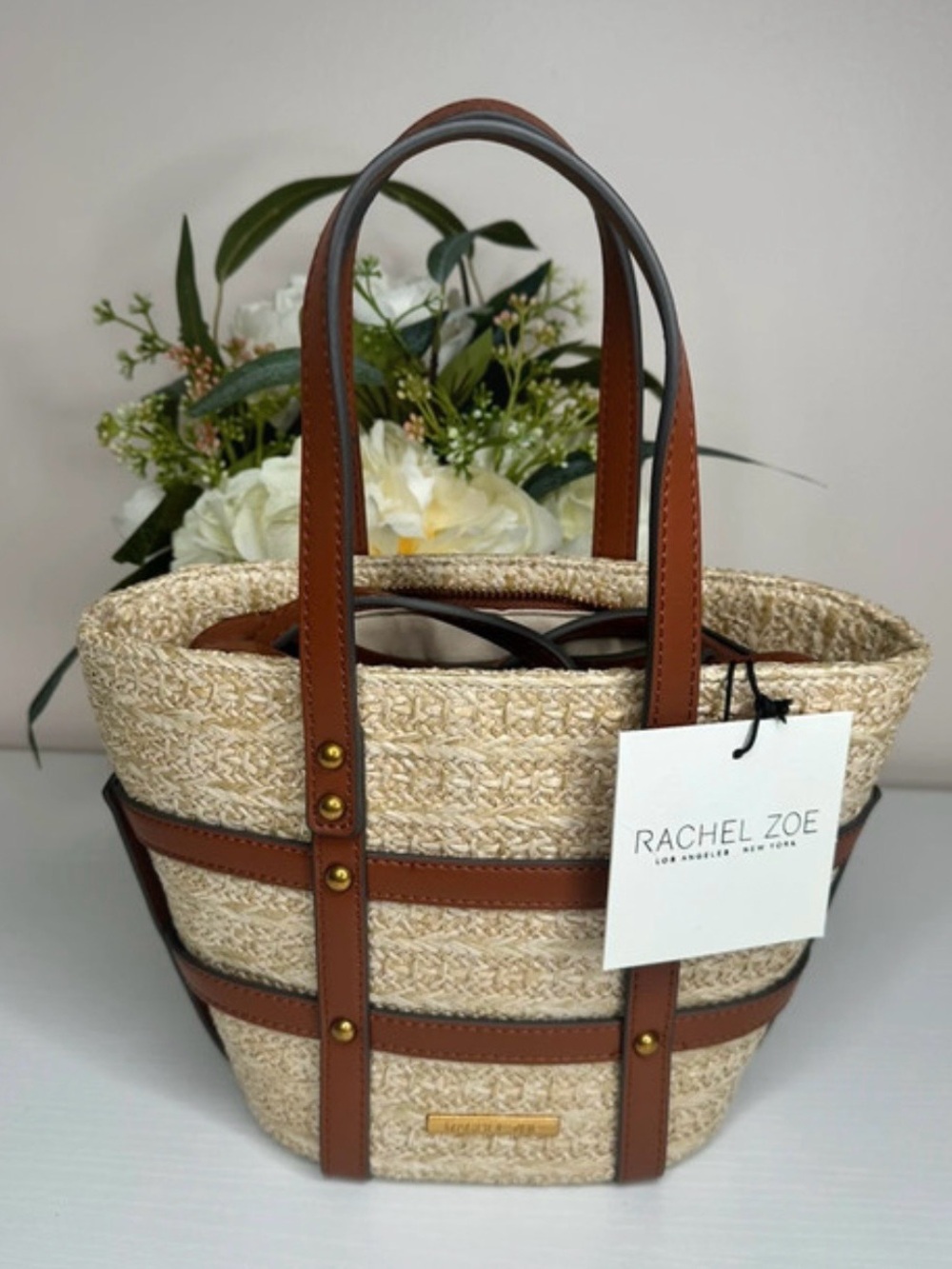 Rachel Zoe Woven Straw Tote Bag Brown Leather Trim Crossbody NWT - Picture 2 of 5